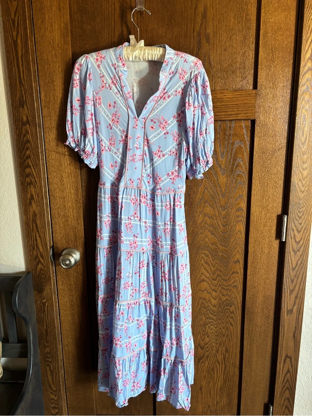 Easel Light Blue Midi Dress with Pink Floral Print.  Medium